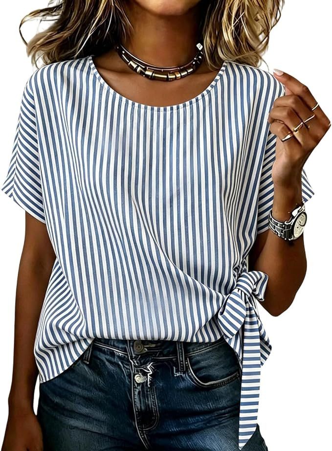 Striped Tshirts for Women Dressy Side Tie Knot Crewneck Short Sleeve Shirts Fashion Summer Blouse... | Amazon (US)