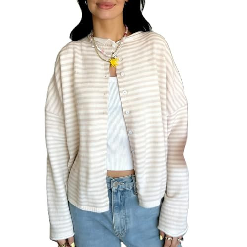 Women Striped Cardigan Button Down Long Sleeve Crewneck Crop Cardigans Sweater Cute Knitwear Fall Outerwear (Light Yellow, S) | Amazon (US)
