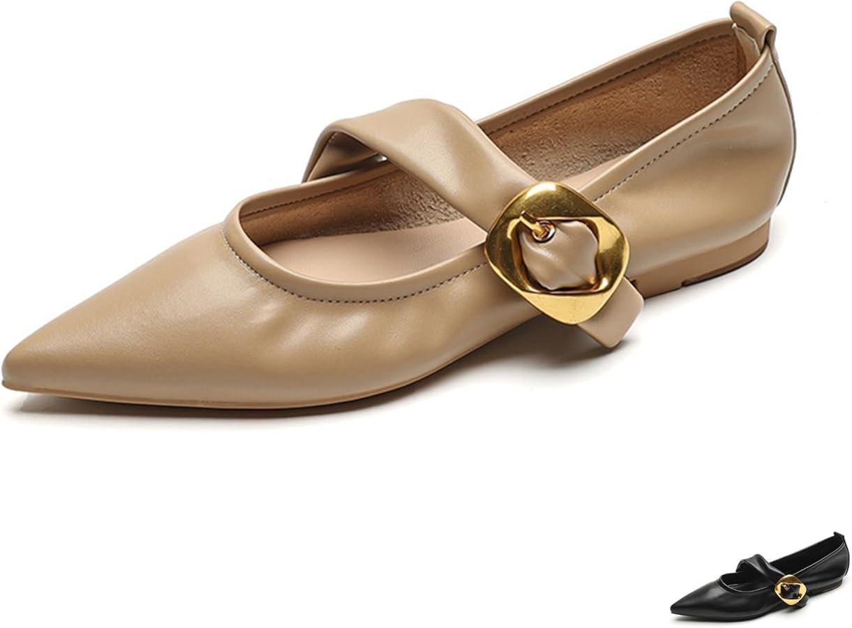 Women's Leather Mary Jane Flat Shoes with Adjust Metal Buckle Fashion Closed Pointed Toe Shallow ... | Amazon (US)