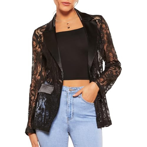 Women's Floral Lace Blazer Jacket Sheer Mesh Single Breasted Button Lapel Long Sleeve Elegant Jacket Blazer Coat (Black, L) | Amazon (US)