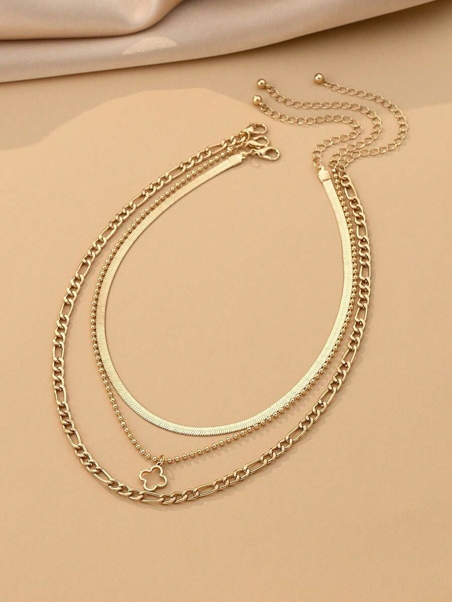 3pcs/Set Alloy Multi-Layered Necklaces With Snake Chain, Simple Ball Chain, And Hollow Clover Pen... | SHEIN