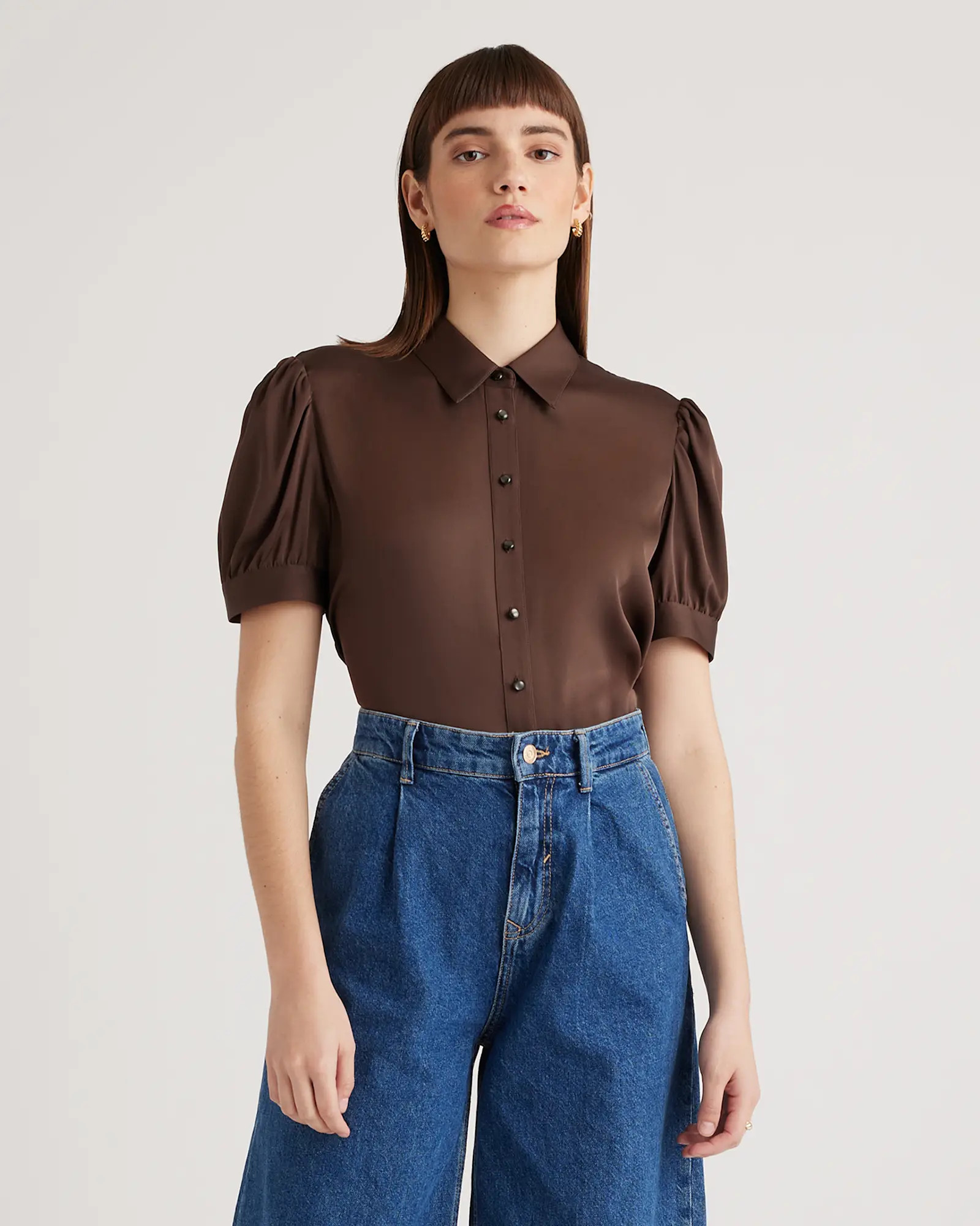 Washable Stretch Silk Puff Sleeve Blouse in Hot Fudge | Quince