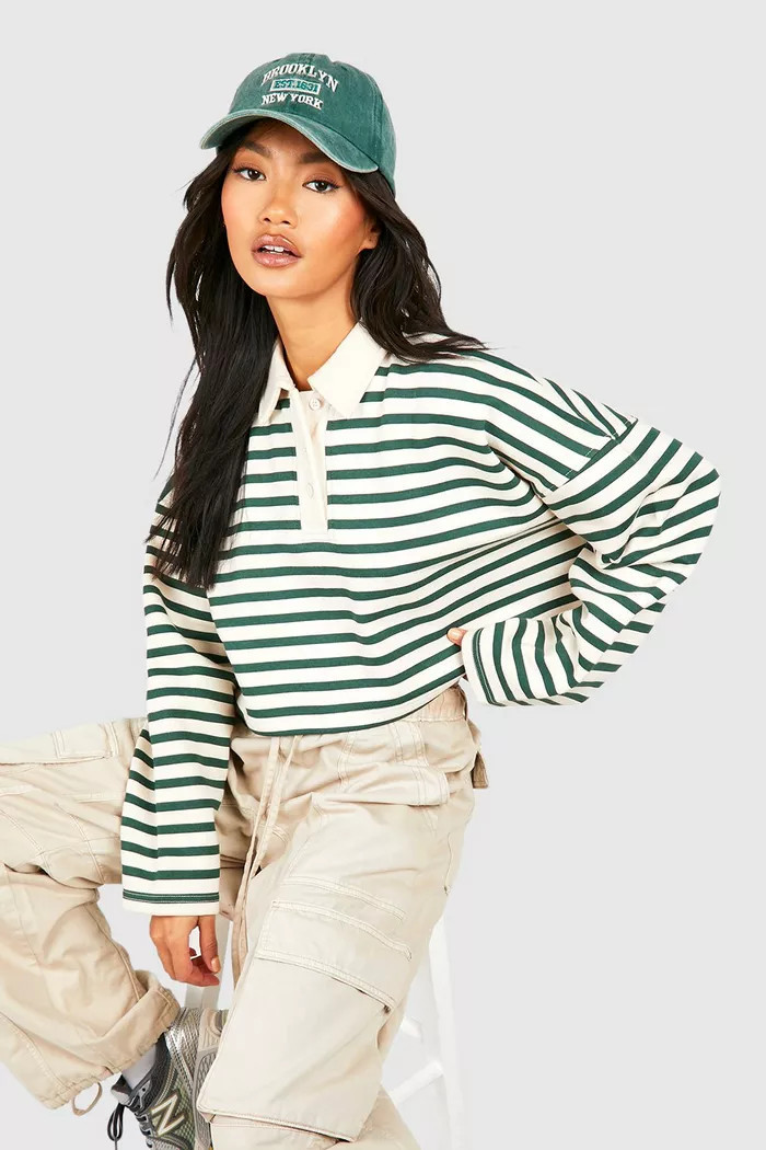 Striped Long Sleeve Collared Cropped Shirt | Boohoo.com (UK & IE)