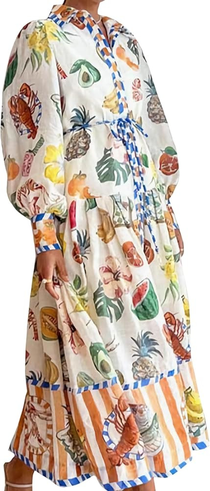 Womens Vintage Shirt Long Dress for Women Lantern Sleeve Autumn Graffiti High Waist Holiday Dress... | Amazon (US)