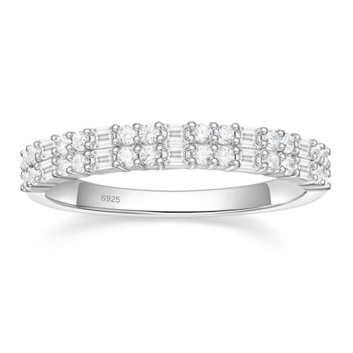 EAMTI 925 Sterling Silver Wedding Bands for Women Baguette Round Cubic Zirconia Stackable Promise Rings for Her Size 7.5 | Amazon (US)