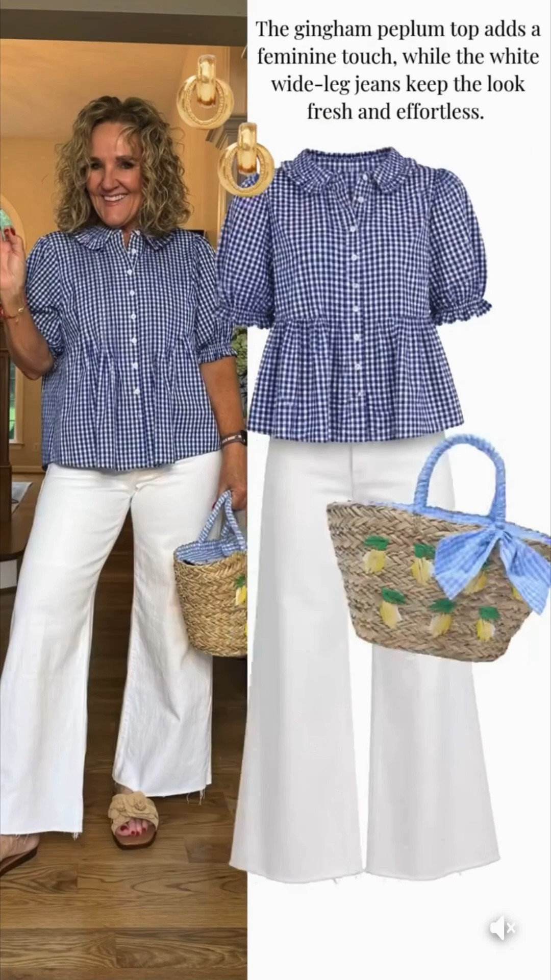 RESTOCKED!!! 
Med in top 
29 in jeans 
15% off Avara code NANETTE15 good 1x

This blue gingham blouse is the kind of top that makes getting dressed easy. The feminine collar, relaxed babydoll fit, and crisp white wide leg jeans create the perfect summer outfit.

#LTKootd #LTKSeasonal #LTKOver40

#LTKPetite
