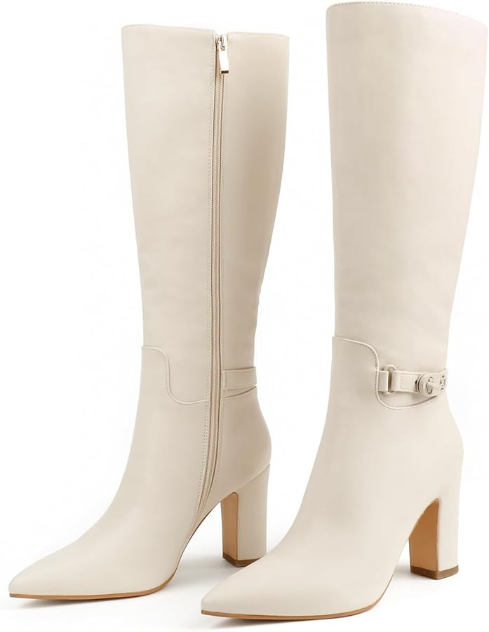 JOY IN LOVE Women's High Block Heel Wrinkled Slouchy Zipper Knee High Boots | Amazon (US)