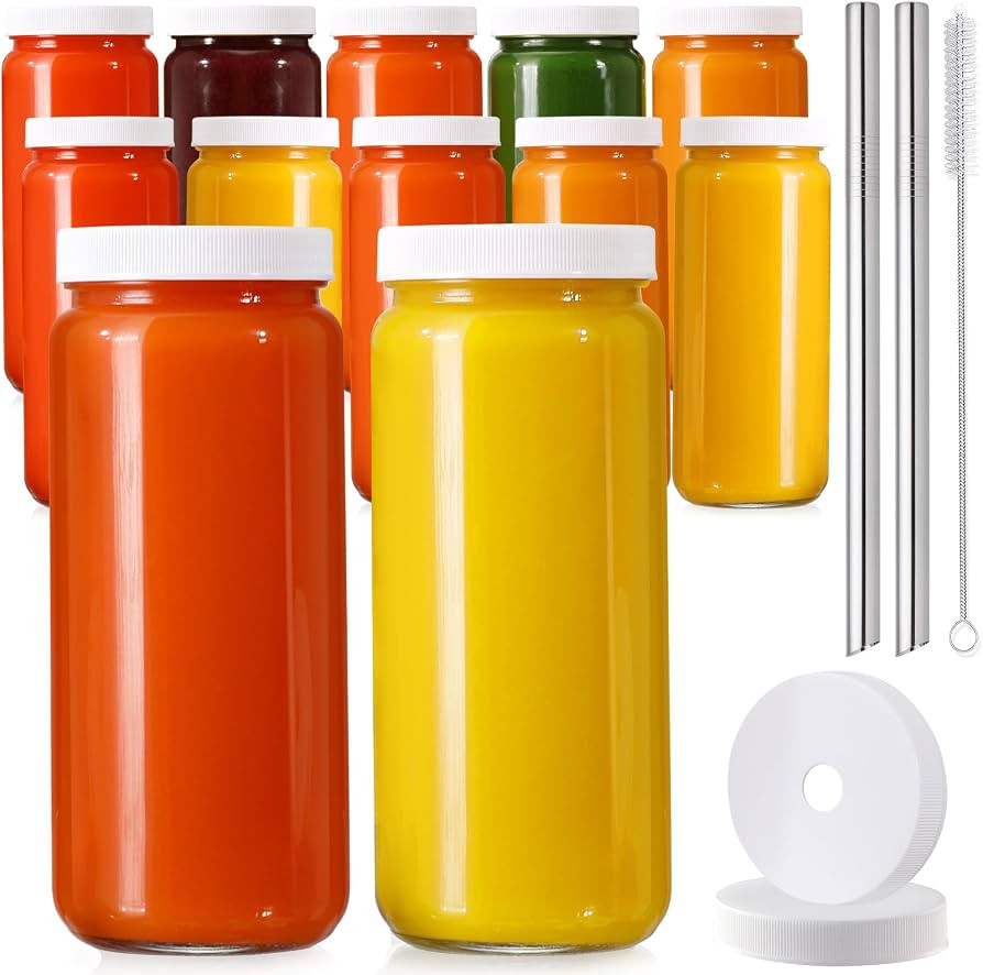 12 PACK, 16 OZ Glass Juice Bottles with Airtight Lids, Bonus 2 Straws & Perforated Lids, Reusable... | Amazon (US)
