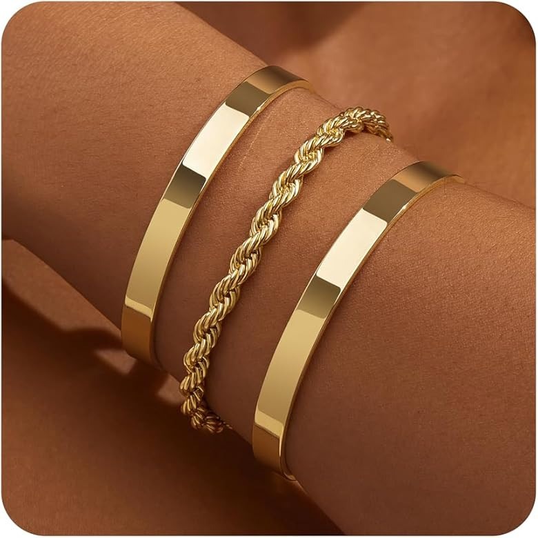 Gold Bangle Bracelets for Women, 14K Gold Plated Bracelet Bangle Cuff Bracelet Set for Women Brac... | Amazon (US)