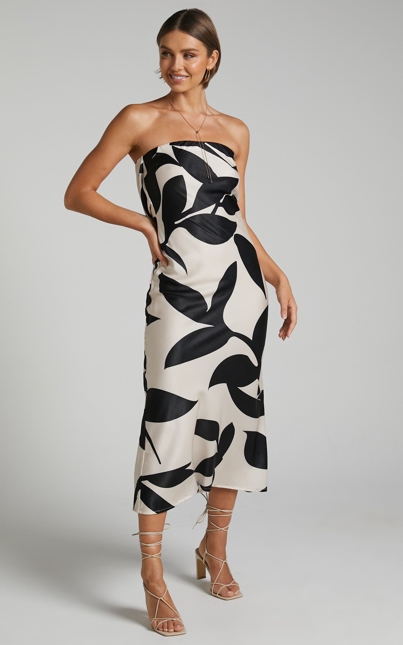 Madelyn Midi Dress - Strapless Palm Print Satin Dress in Cream and Black Shadow Print | Showpo (US, UK & Europe)