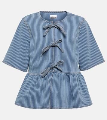Striped bow-trimmed peplum denim blouse | Mytheresa (INTL)