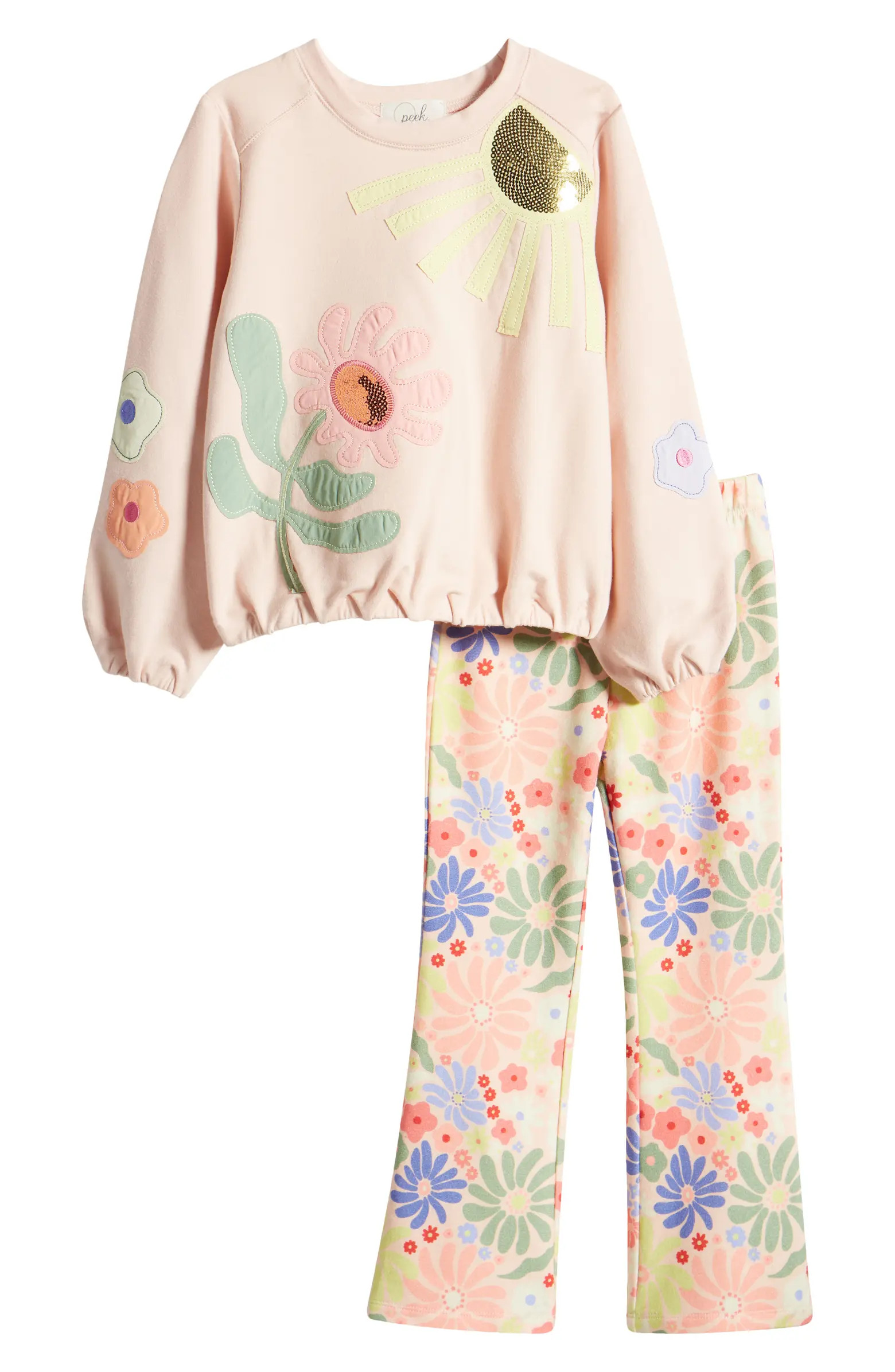 Peek Aren't You Curious Kids' Floral Appliqué Sweatshirt & Print Pants Set | Nordstrom | Nordstrom