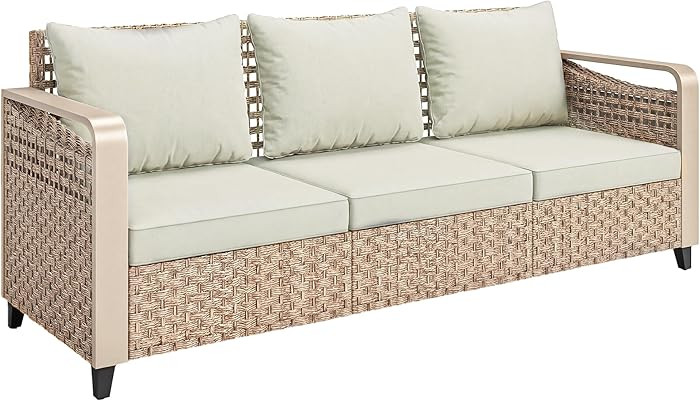 Outsunny Outdoor Patio Couch with Wide and Deep Seat, 3 Seater Wicker Outdoor Sofa with Wide Meta... | Amazon (US)