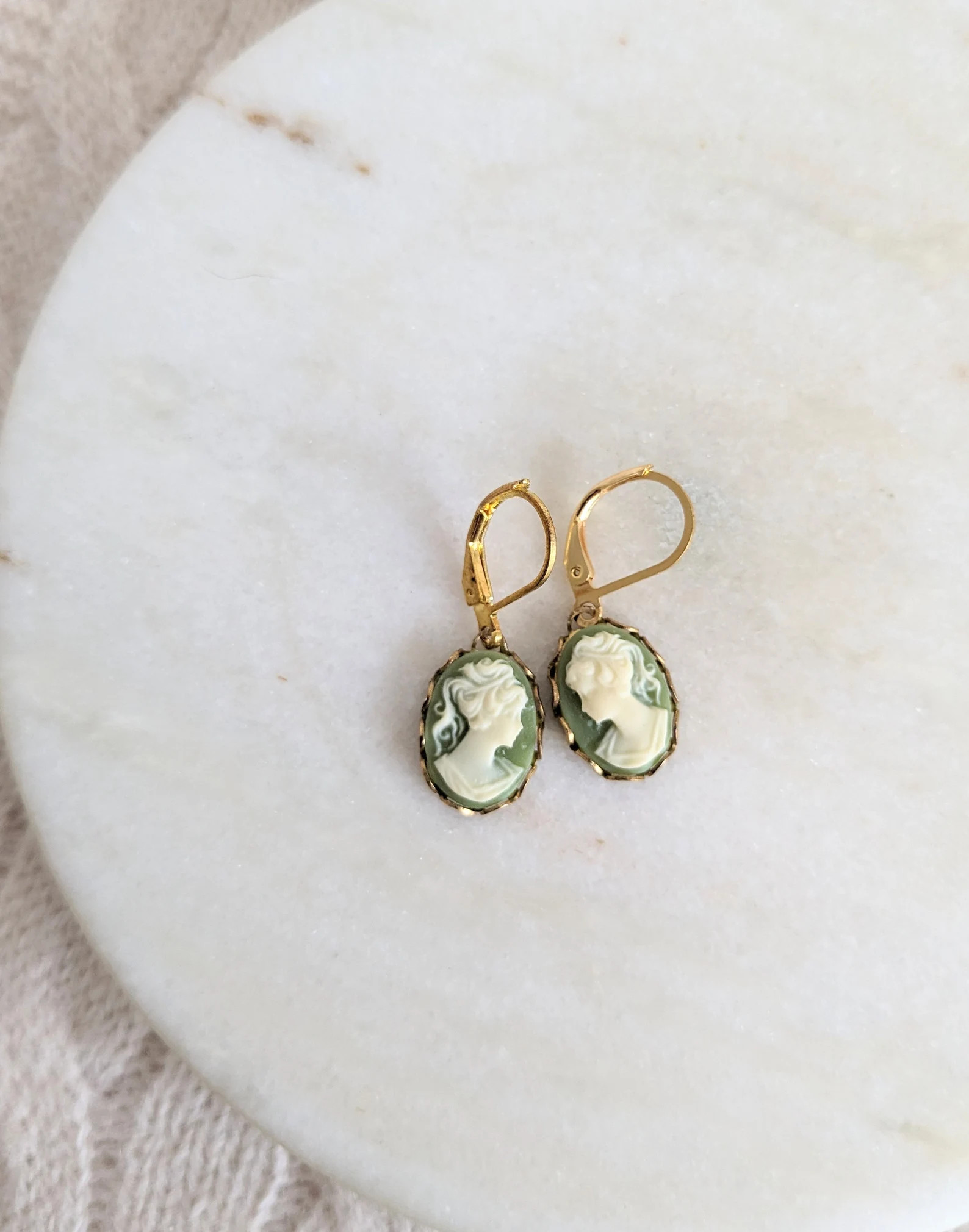 Classic Victorian Lady Cameo Earrings in Black or Green, Small Gold Dangles, Vintage Inspired, Le... | Etsy (US)