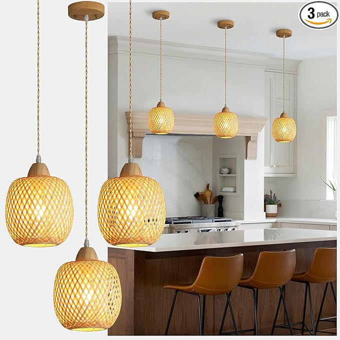 Bamboo Pendant Light Fixture, 3-Light Handmade Woven Pendant Lighting, with Adjustable Rustic Bas... | Amazon (US)