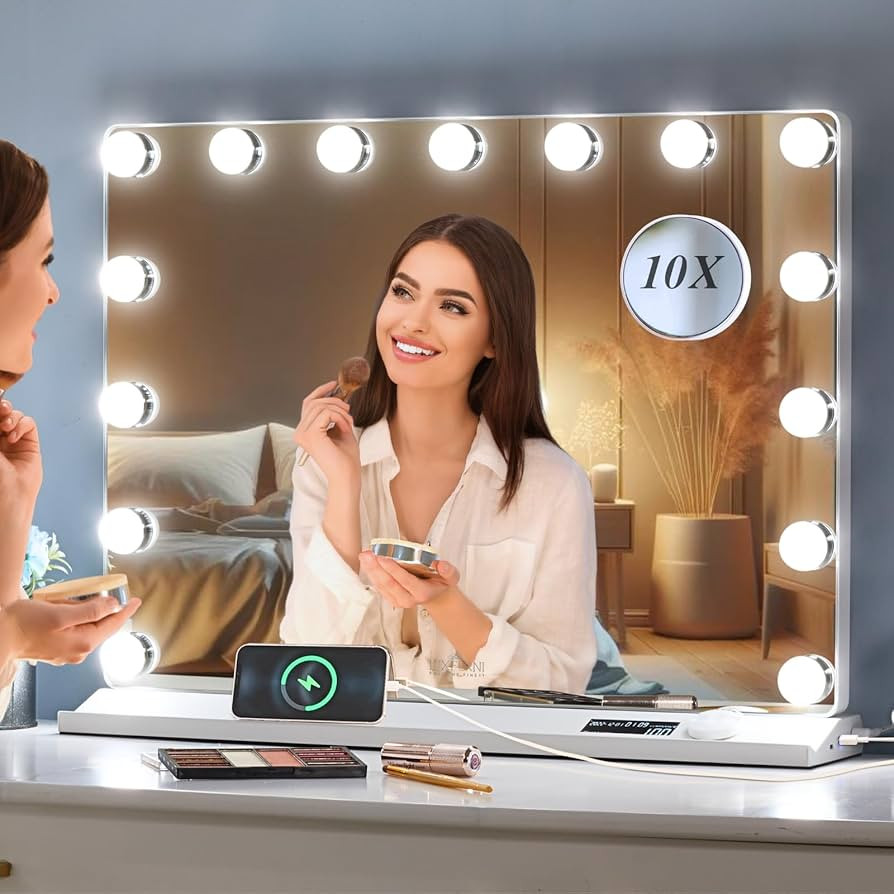 LUXFURNI Vanity Mirror with Lights, Makeup Mirrors Hollywood Mirror with 15 LED Bulbs, 3 Colors M... | Amazon (US)