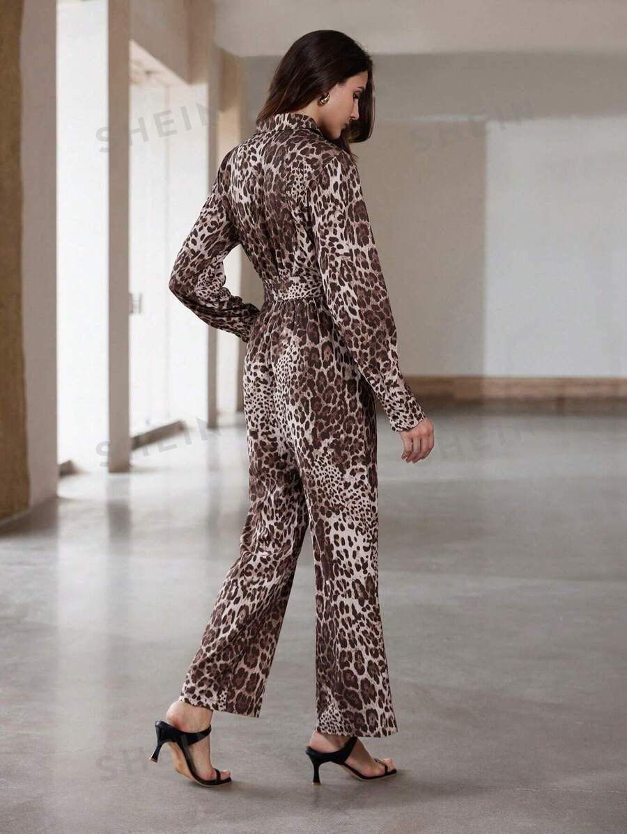 SHEIN BIZwear Trendy Classic Random Leopard Print Lapel Linen Belted Jumpsuit | SHEIN