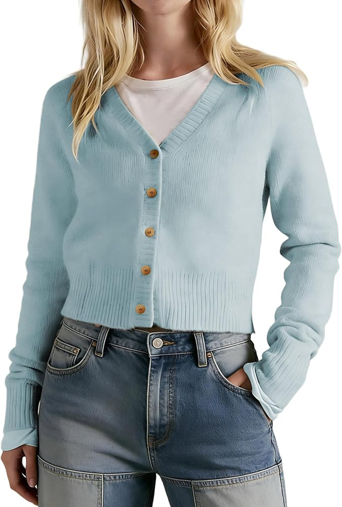 Women's V Neck Slim Fit Cardigans Button Down Long Sleeve Short Sweater Casual Comfort for Office... | Amazon (US)