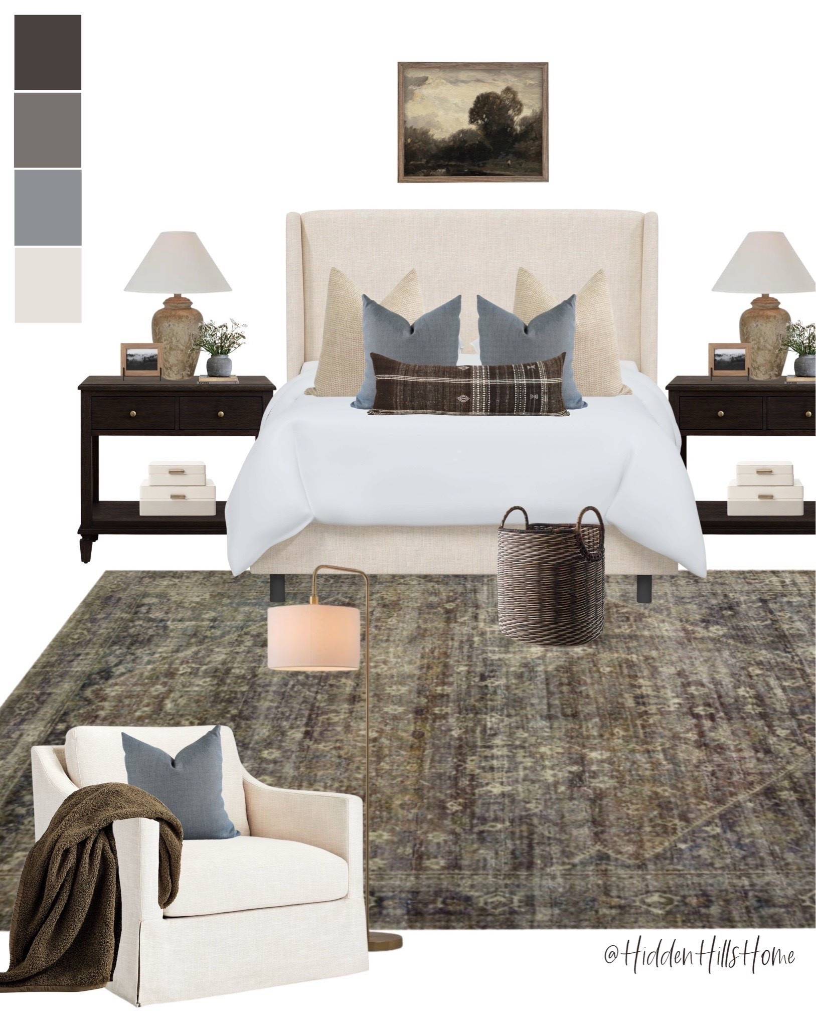 Modern vintage inspired bedroom decor, master bedroom mood board, cozy bedroom design ideas, bedding, nightstand decor, bedroom rug #bedroom

#LTKHome #LTKSeasonal #LTKSaleAlert
