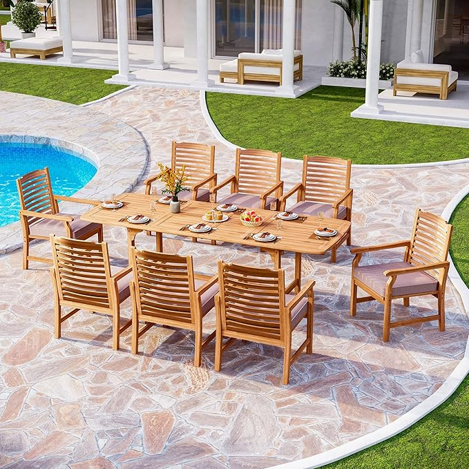 PHI VILLA 9 Pieces Acacia Wood Patio Dining Set for 8, Expandable Teak Dining Table & Wooden Chai... | Amazon (US)