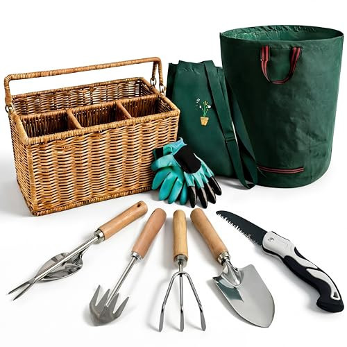 Garden Tool Set with Basket, Stainless Steel Gardening Tools with Wooden Handles, Organized Gardening Kit with Apron, Gloves & Garden Waste Bag, Garden Gift Set for Women & Men | Amazon (US)