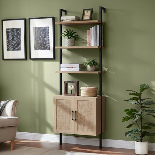OAKHAM HOME 5 Tier Book Shelf, 73" Tall Bookshelf with Storage, Modern Bookcase with Shelves, Wall Mount Ladder Shelf with Steel Frame, Bookshelves with Rattan Cabinet for Living Room (Weathered Oak) | Amazon (US)