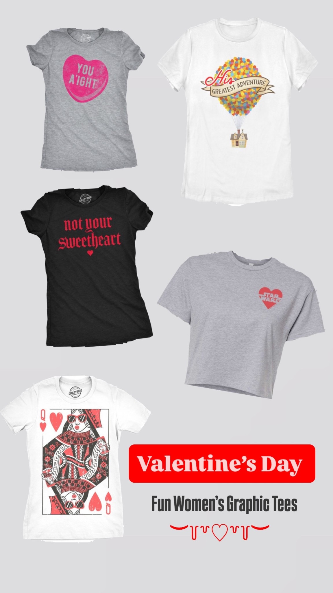I love a fun graphic tee, especially if it’s marked down! The perfect shirts for Valentine’s Day ❤️ Target has us set to be prepared this year, so much so that these are selling so fast!

#LTKWomens #GraphicTee #ValentinesDay #Holiday #ForHer #Queen #Sweetheart #FunnyValentines #StarWars #TargetFinds #Girls #ValentinesOutfitWomen #ValentinesDayOutfit #Love #ValentinesDayShirt #Vibes #WomensFashion #FunnyTShirt #antivalentines

#LTKgrwm #LTKSaleAlert #LTKootd