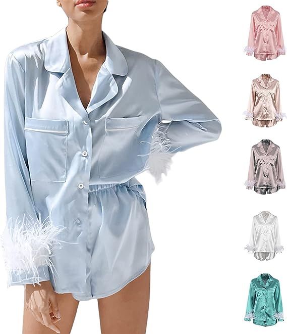 Satin Feather Pajamas for Women Long Sleeve Button Down Shirts and Pajama Shorts 2 Piece Sleepwea... | Amazon (US)