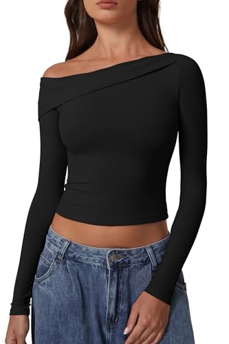 QINSEN Women Long Sleeve Off Shoulder Tops Trendy Double Lined Going Out Shirt for Fall Black XS | Amazon (US)