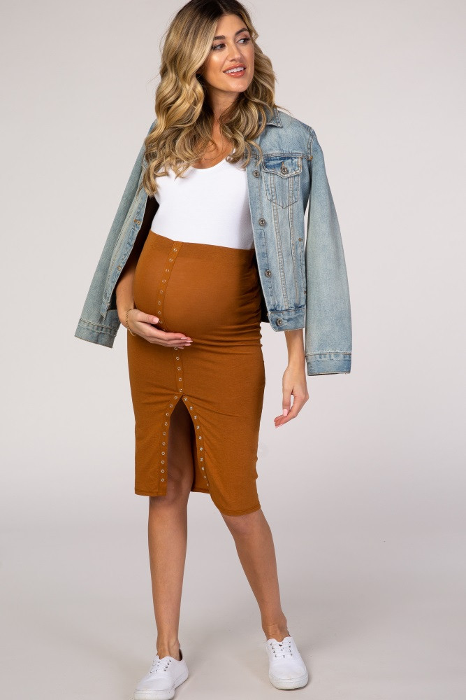 Waverleigh Camel Snap Button Front Slit Maternity Skirt | PinkBlush Maternity