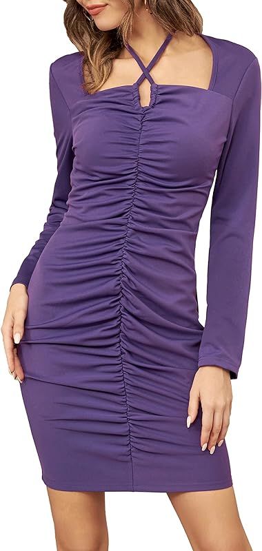 GRACE KARIN Women's Long Sleeve Bodycon Cocktail Mini Dress Halter Neck Keyhole Drawstring Party Cas | Amazon (US)