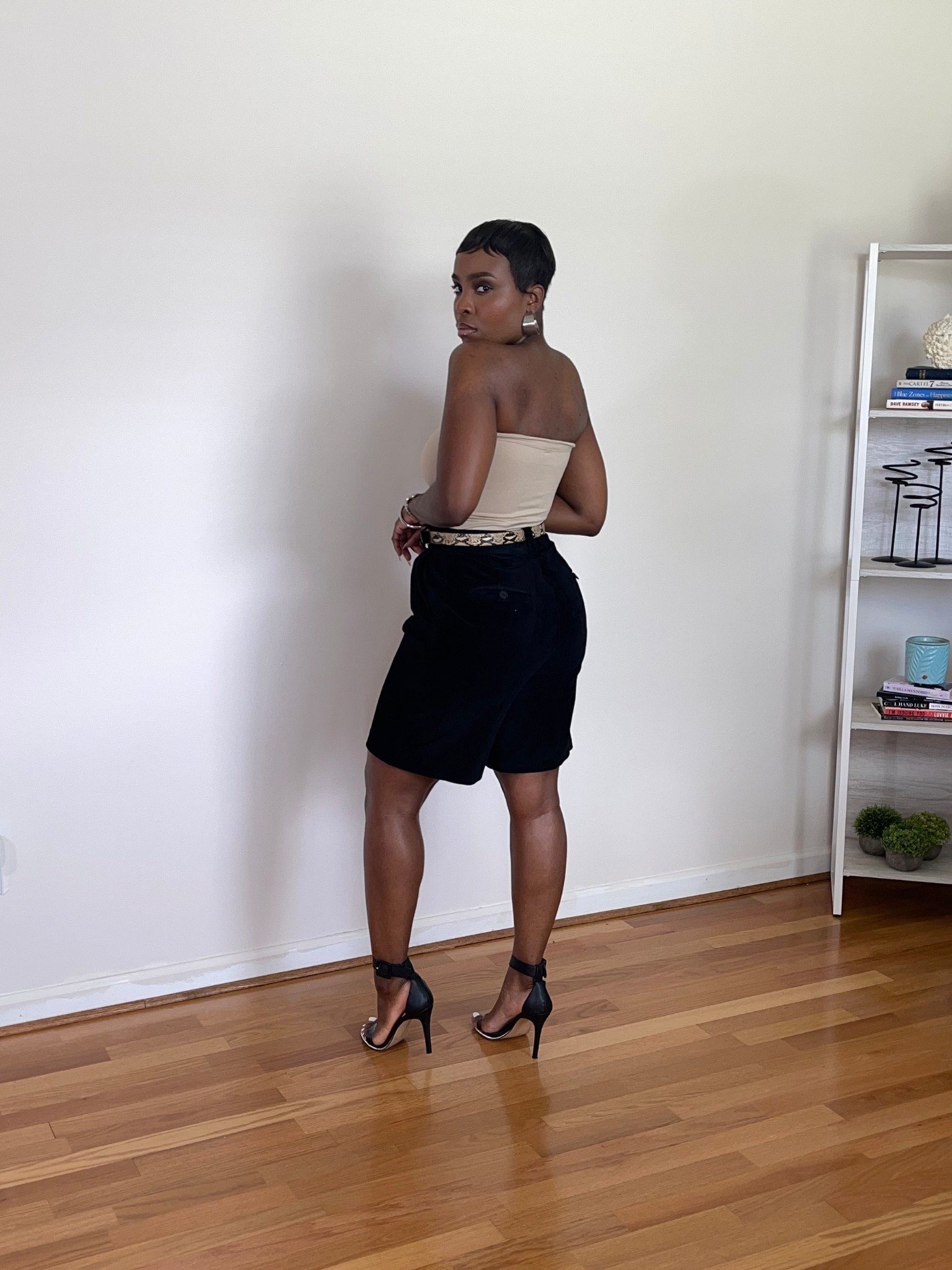 Black leather knee shorts, tan tube top, black strappy set sandals, edgy summer fashion, black suede Bermuda shorts

#LTKSeasonal #LTKSummerEdit #LTKStyleTip