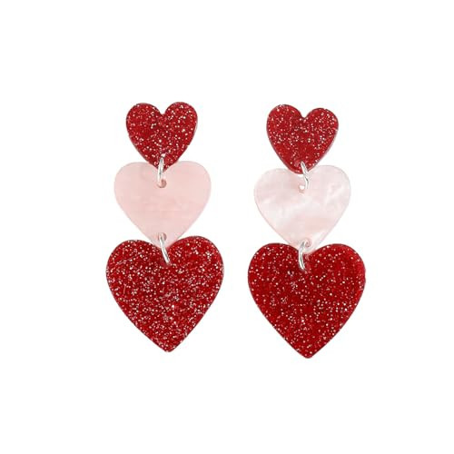 Red Glitter Heart Dangle Earrings, Valentine's Day Jewelry, Double Heart Drop Design (Red) | Amazon (US)