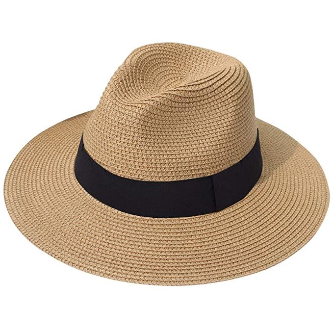 Lanzom Women Wide Brim Straw Panama Roll up Hat Fedora Beach Sun Hat UPF50+ | Amazon (US)