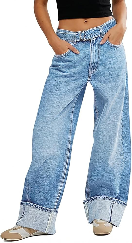 Tankaneo Womens Wide Leg Cuffed Jeans Trendy High Waisted Baggy Boyfriend Casual Denim Pants with... | Amazon (US)