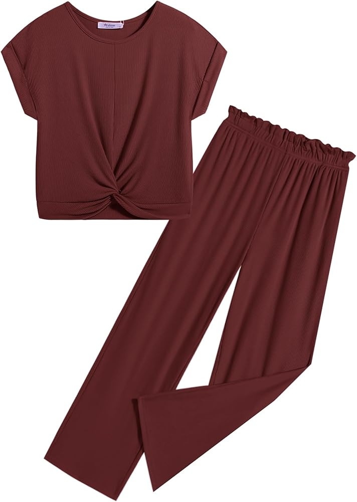 Arshiner Girls Summer 2 Piece Outfits Ribbed Short Sleeve Twist Front Tops and Wide Leg Pants Kid... | Amazon (US)