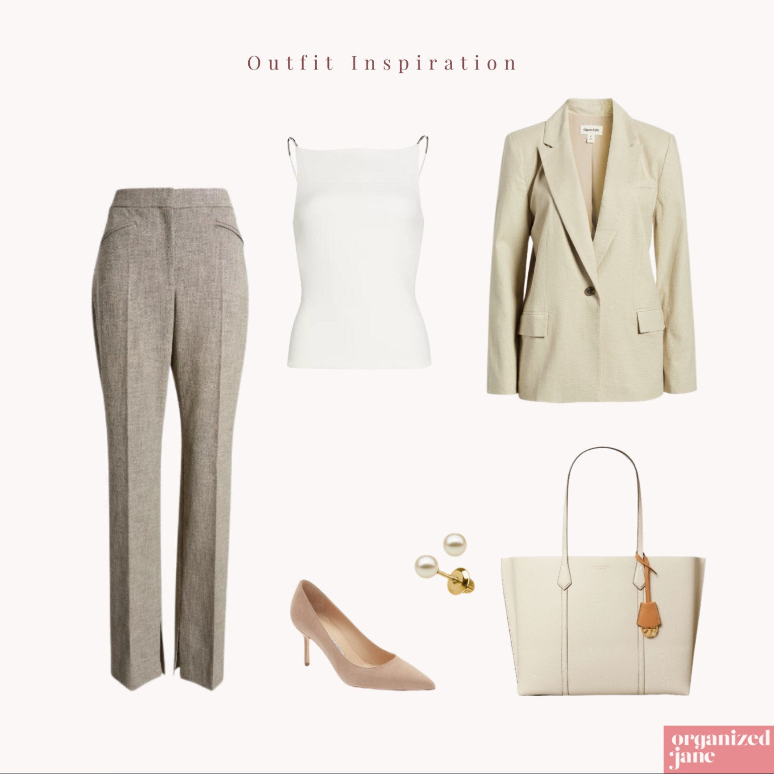 Chic and sophisticated office look! 👜✨ This outfit combines classic beige trousers with a sleek white camisole and a tailored blazer for a professional yet stylish ensemble. Complete the look with nude heels, pearl earrings, and a versatile tote. Perfect for making a statement at work! #WorkWear #FashionInspo #OrganizedJane