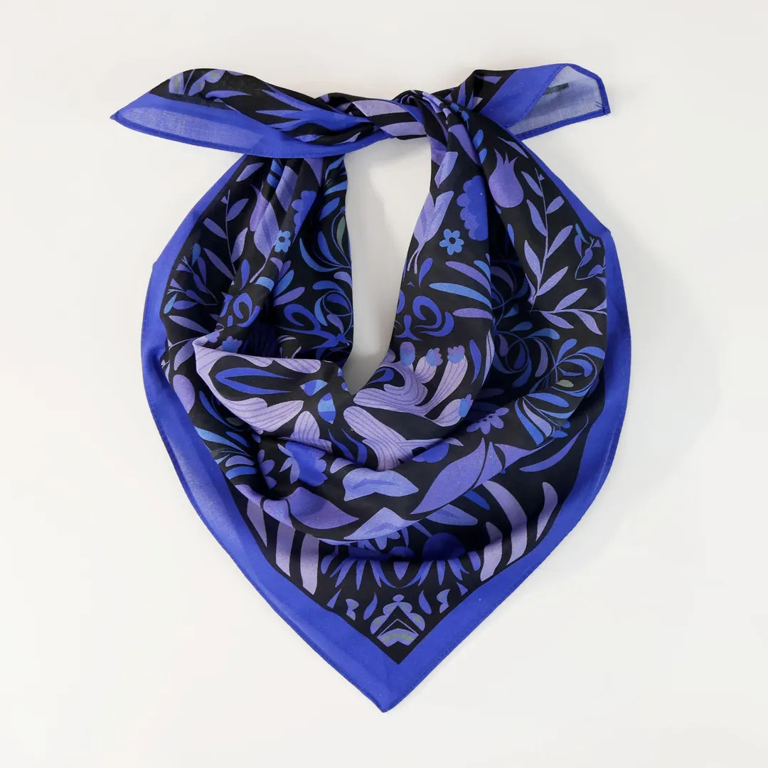 Sapphire Blue Cotton Voile Bandana Originally Designed Boho Flower Wrap Unique Botanical Woman Sc... | Etsy (US)