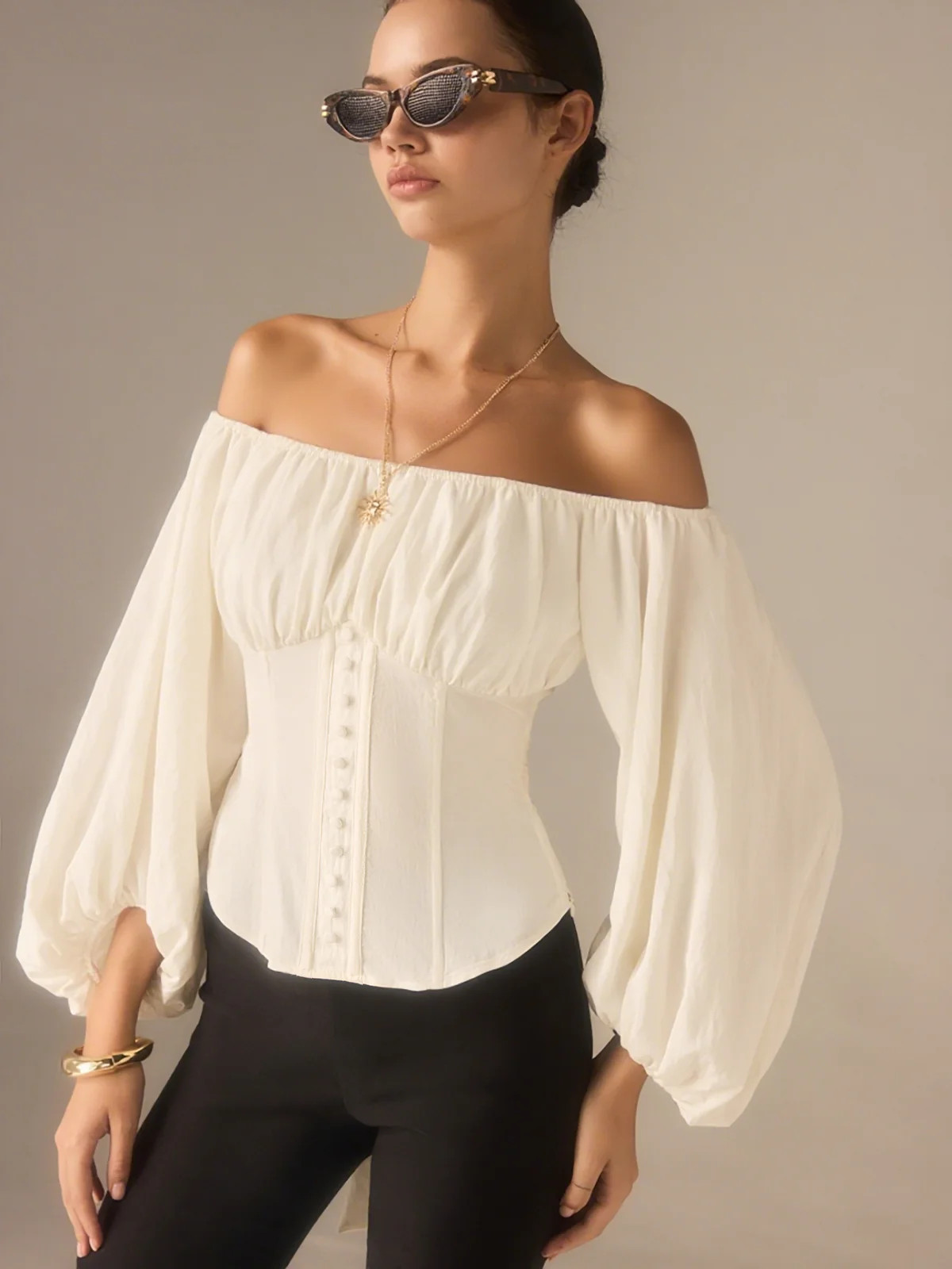 Off-Shoulder Lantern-Sleeve Top with Bow Back | Commense