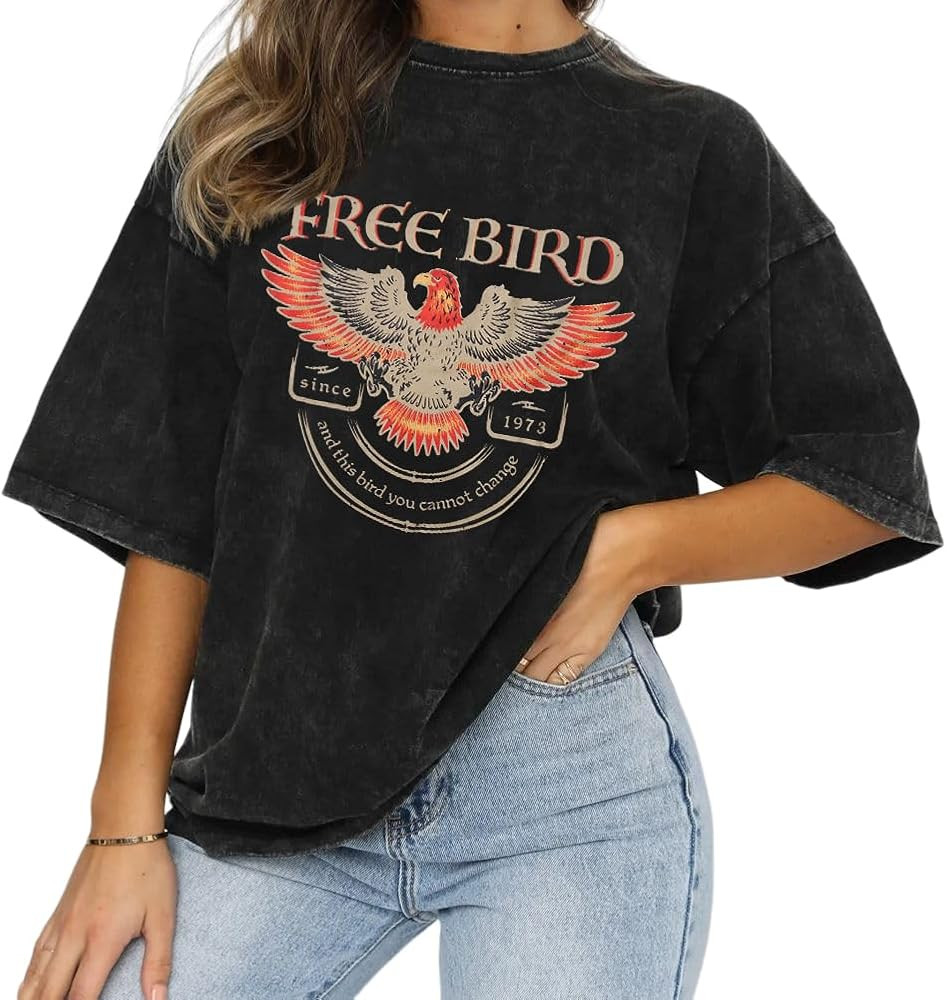Vintage Rock Band T-Shirts for Women Retro Free Bird Eagle Graphic Country Music Tees Casual Loos... | Amazon (US)