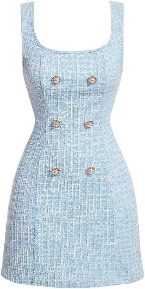 Women's Short Dress Double Breasted Plaid Dress without Blouse Sleeveless Summer | Amazon (US)