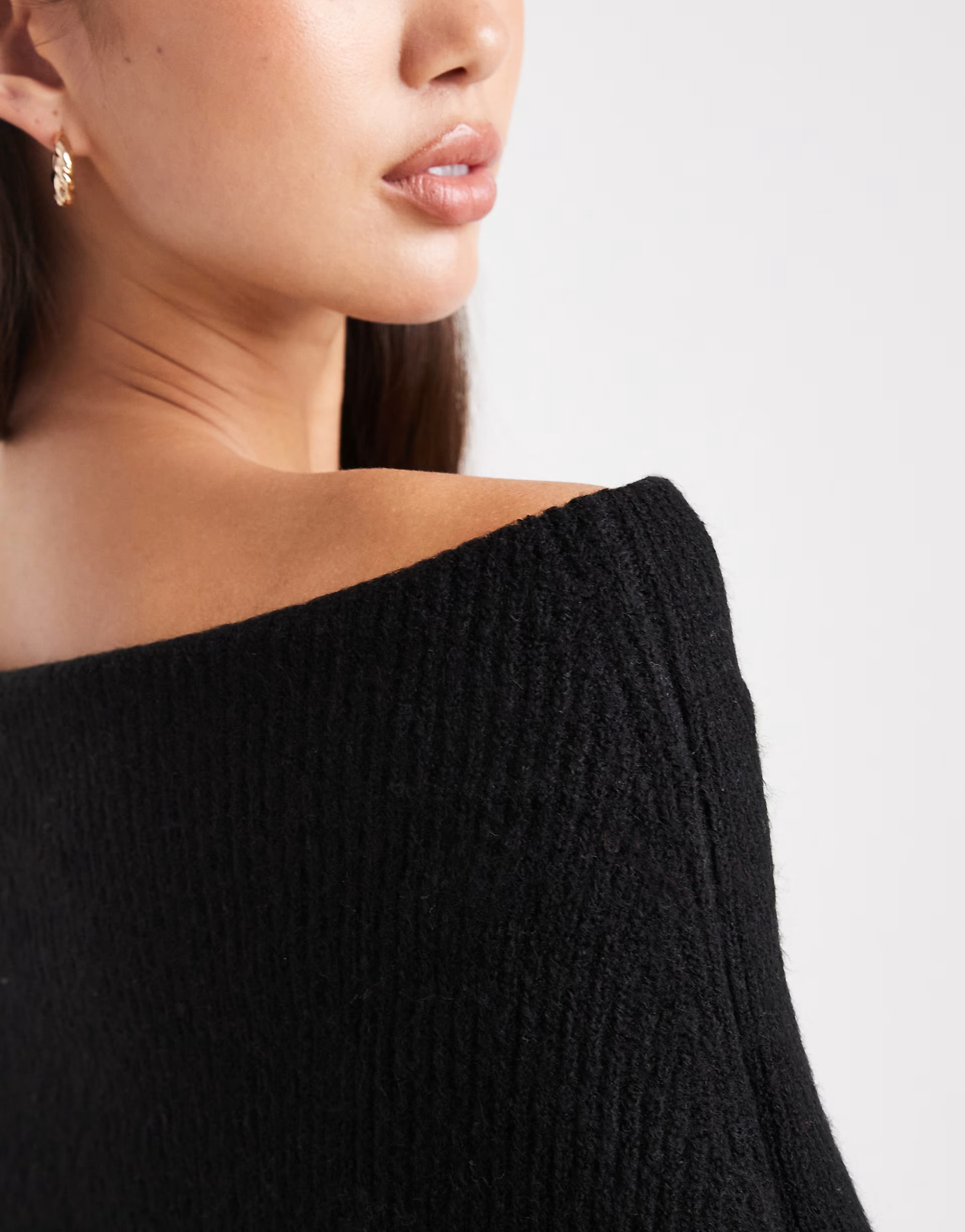 Miss Selfridge deep fold over ribbed off the shoulder sweater in black | ASOS (Global)