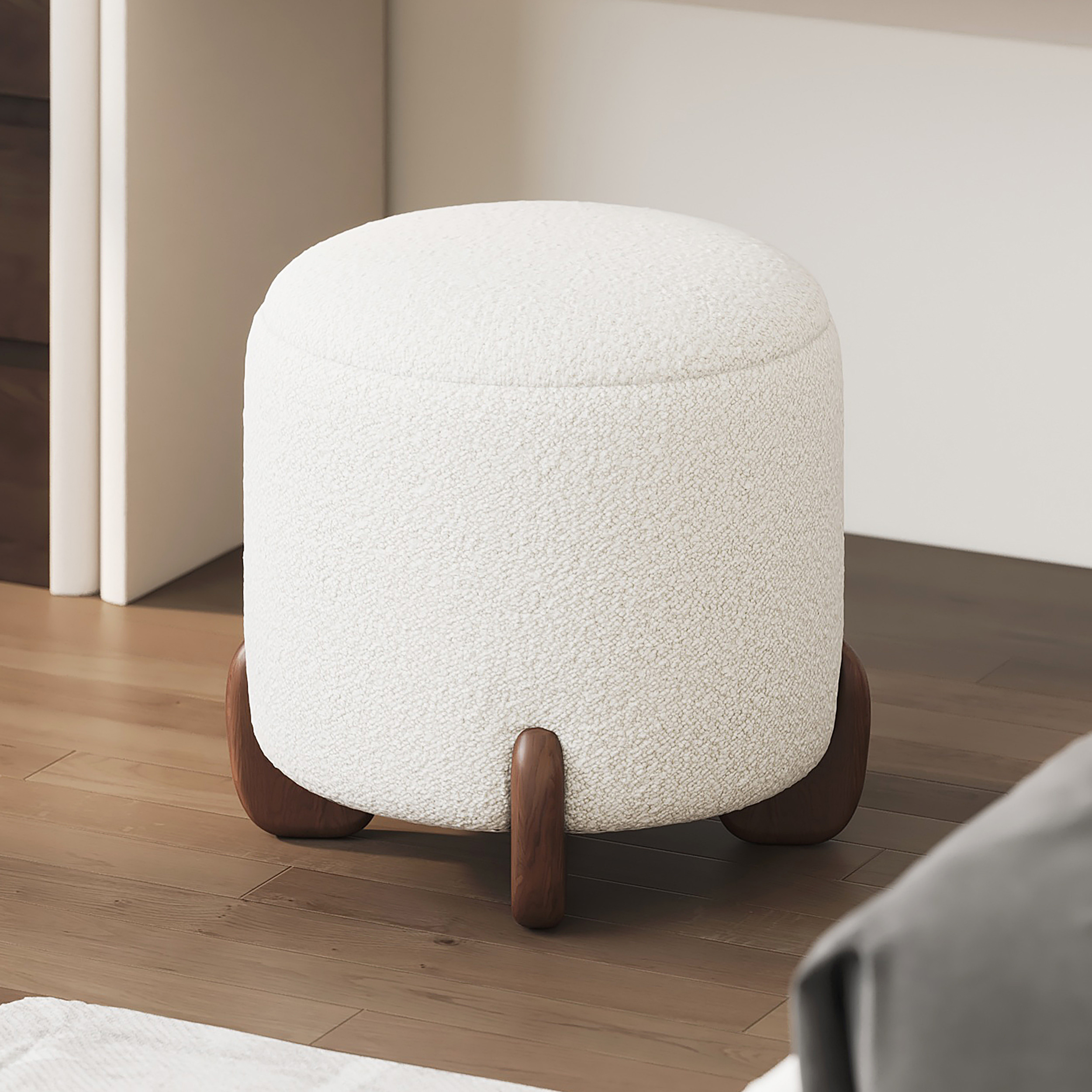 Curva Boucle Vanity Stool with Lifted Top Storage Round Ottoman with Walnut Legs | Homary