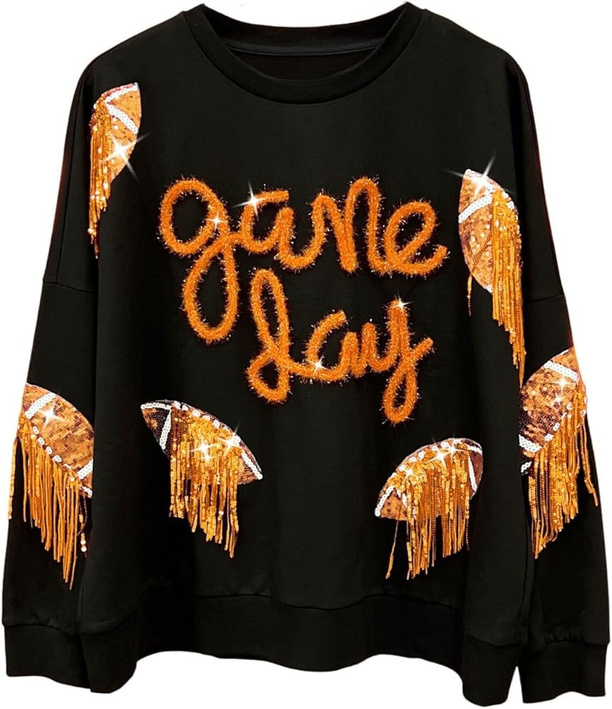 Womens Sparkle Football Sequin Rugby Fringe Sweatshirt Game Day Tops Crewneck Oversized Shirt Lon... | Amazon (US)