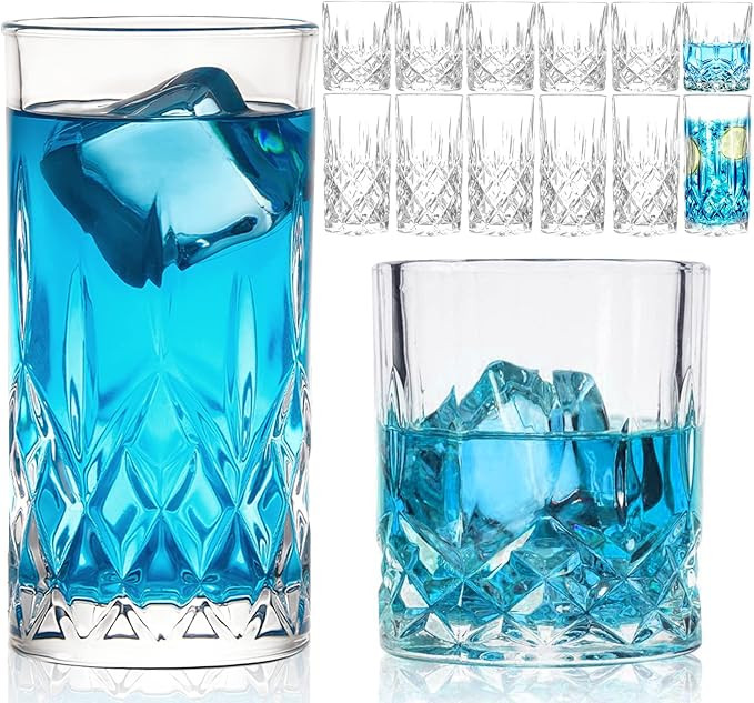 Claplante Drinking Glasses, 12 Piece Crystal Glass Cups, Mixed Glassware Set, 6 pcs Crystal Old F... | Amazon (US)