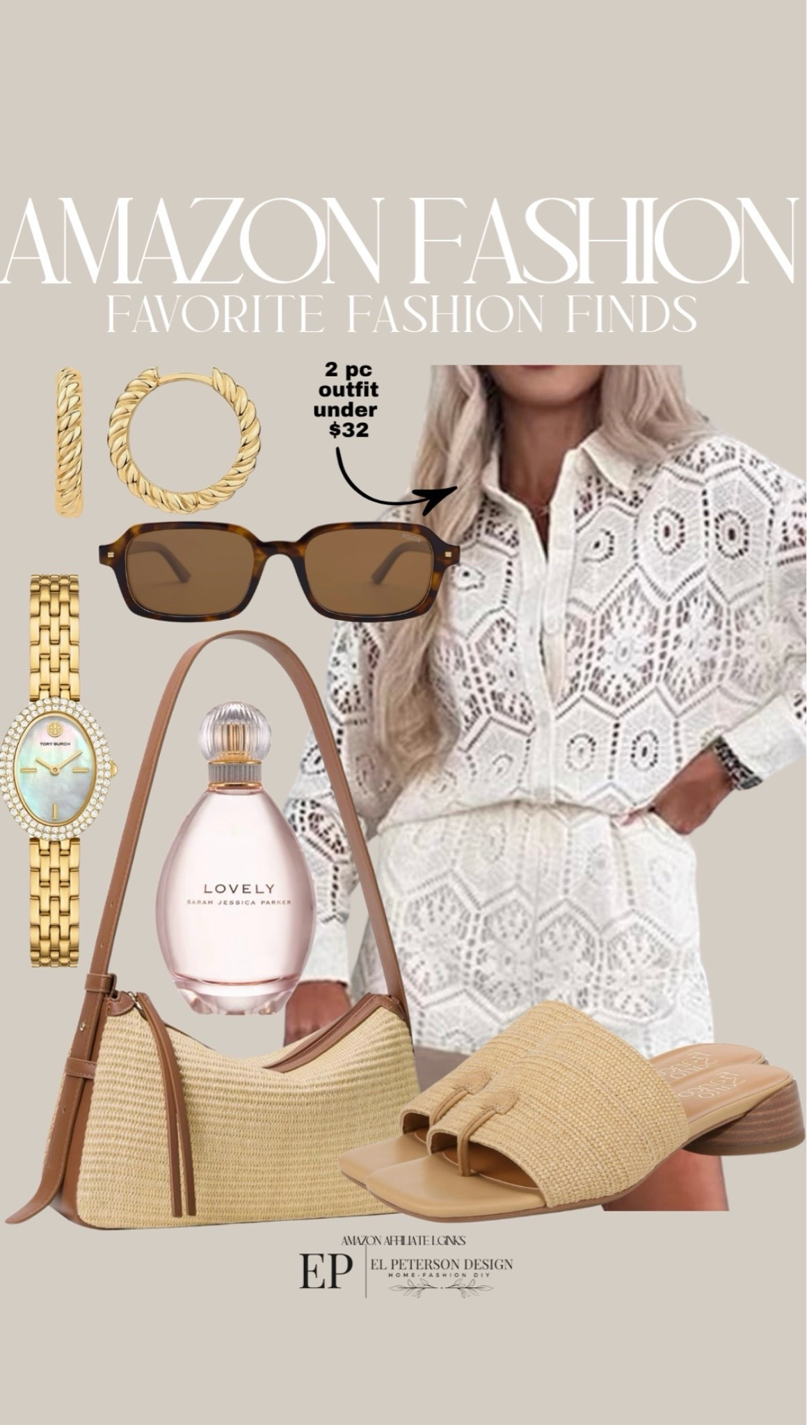 Amazon
2 pc outfit 
Sunglasses
Earrings
Watch 
Perfume
Sandals