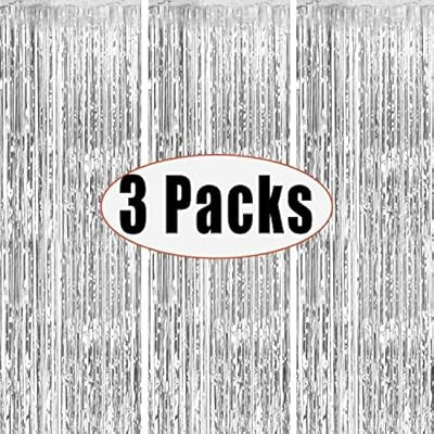 3 Packs 3.2ft x 6.6ft Silver Metallic Tinsel Foil Fringe Curtains Photo Booth Props for Birthday ... | Amazon (US)