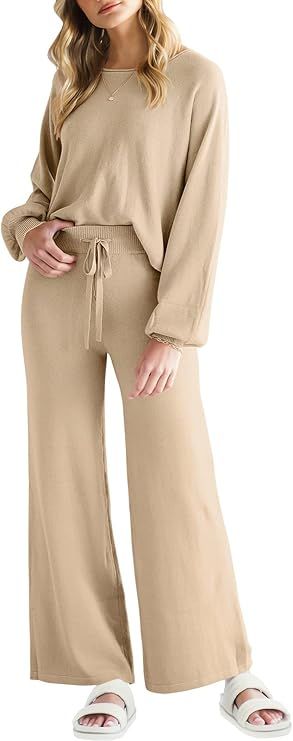Amazon.com: ANRABESS Women’s Two Piece Outfits Sweatsuit Long Lantern Sleeve Crewneck Crop Top ... | Amazon (US)
