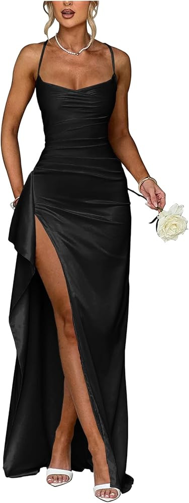Satin Bridesmaid Dresses 2025 Prom Dress Pleated Spaghetti Straps Formal Evening Gowns with Slit | Amazon (US)