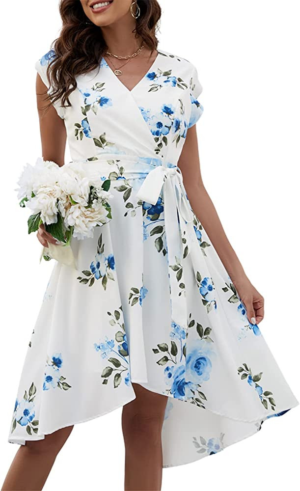 JASAMBAC Women's Floral High Low Dress for Wedding Guest Flowy Bohemian Empire Waist Swing Dress ... | Amazon (US)